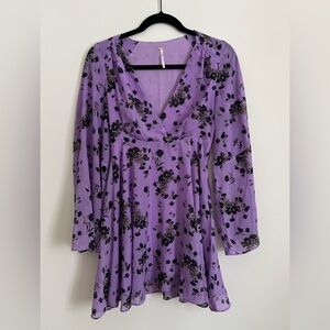 Free People Flowy Purple Floral Mini Bell Sleeve Dress Size XS